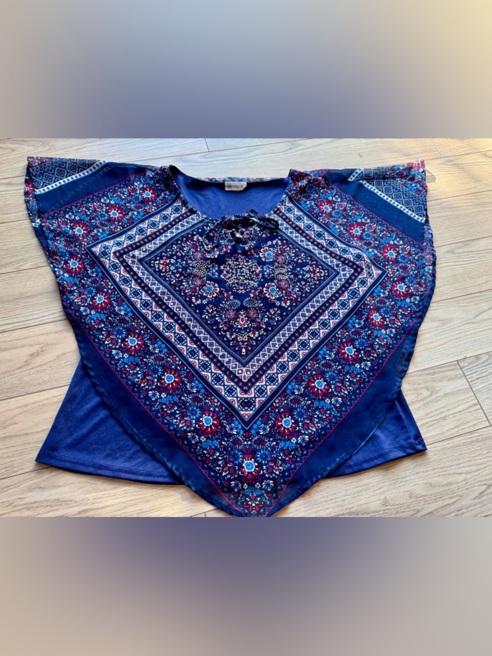 Westport Navy Floral Bandana Print Blouse with Red and Light Blue Accents
